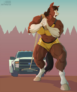 5_fingers abs angry anthro biceps big_muscles black_hair bra brown_body brown_fur clothing exercise female fingers fur hair hooves muscular muscular_anthro muscular_female muscular_thighs navel outside rope solo sports_bra sportswear truck underwear vehicle workout yellow_bra yellow_clothing yellow_sports_bra yellow_underwear stoopix leslie_ward_(spyglass8) equid equine horse mammal 2025 dated digital_media_(artwork) hi_res watermark