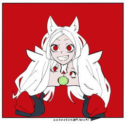 ball black_clothing black_topwear breasts clothed clothing cute_fangs ears_back eyelashes fangs female fully_clothed grin group hair inner_ear_fluff light_body light_skin long_hair looking_at_another looking_at_viewer medium_breasts monotone_hair mouth_hold nose_to_nose object_in_mouth open_mouth pivoted_ears red_background red_clothing red_eyes red_topwear simple_background smile teeth tennis_ball tennis_ball_in_mouth topwear tuft white_hair r_adical helltaker cerberus_(helltaker) animal_humanoid canid canid_humanoid canine canine_humanoid humanoid mammal mammal_humanoid wolf_humanoid bust_portrait portrait red_theme