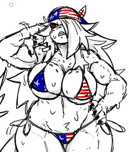 american_flag_bikini angry anthro bangs big_breasts bikini bodily_fluids breasts clothing crotch_tuft earrings_only female flag_bikini flag_swimwear freckled_breasts freckles hair hair_over_eye hand_on_hip headgear headkerchief headwear kerchief long_hair muscular nipple_outline picking_ear red_sclera solo sweat swimwear thick_thighs triangle_bikini tuft two-piece_swimsuit ghastlybum jack_(ghastlybum) 2025