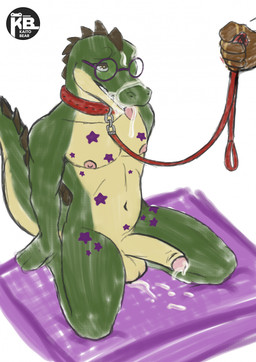areola balls bdsm bodily_fluids collar countershade_face countershade_torso countershading cum cum_on_face erection eyewear genital_fluids genitals glans glasses green_body head_spikes kneeling leash leashed_collar male navel nipples offscreen_character penis petplay pillow pink_tongue roleplay snout solo solo_focus spiked_tail spikes spikes_(anatomy) star_symbol tail tongue tongue_out kaitobear alligator alligatorid crocodilian reptile scalie hi_res