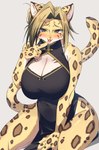 anthro asian_clothing big_breasts biped blue_eyes blush breasts brown_body brown_fur brown_hair brown_spots cheek_tuft chinese_clothing chinese_dress cleavage cleavage_cutout clothed clothing cutout dress east_asian_clothing eyelashes facial_tuft female fur hair hair_bun leopard_spots looking_at_viewer markings multicolored_body multicolored_fur navel_outline open_mouth open_smile pupils simple_background sitting slit_pupils smile solo spots spotted_body spotted_fur tan_body tan_fur teeth tuft yellow_body yellow_fur sgsix felid leopard mammal pantherine 2021 hi_res