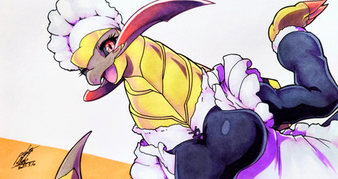 anthro black_sclera blush blush_lines breasts claws clothing eyelashes female looking_at_viewer maid_hat maid_headdress maid_uniform non-mammal_breasts open_mouth pokemorph red_eyes simple_background solo tail tongue uniform yellow_body 025aki nintendo pokemon generation_5_pokemon haxorus pokemon_(species) scalie 2025 absurd_res dated hi_res signature