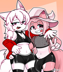 anthro bite bulge butt butt_grab camel_toe clothing coat collar crop_top duo erection erection_under_clothing female femboy fishnet_clothing gesture hair hand_gesture hand_on_butt hat headgear headwear heart_collar hug latex latex_clothing male male/female nipple_outline pink_body pink_eyes pink_hair red_clothing red_coat red_topwear shirt smile smiling_at_viewer thick_thighs tongue tongue_bite topwear v_sign white_body white_hair witch_hat anonymous_artist animal_humanoid canid canine fox humanoid mammal hi_res