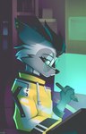 anthro cyberpunk_clothes desk eyewear female furniture glasses round_glasses solo stylus table tablet bluush canid canine canis mammal wolf absurd_res hi_res