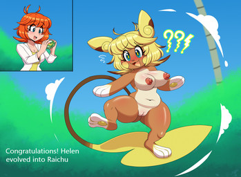 anthro big_breasts big_tail blonde_hair breasts brown_body brown_fur butt butt_from_the_front clothing coat evolutionary_stone female fur genitals hair human_to_anthro lab_coat nipples orange_hair outside poof_transformation short_stackification shortstack sky solo species_transformation standing_on_tail tail text thick_thighs thunder_stone topwear transformation vulva flybeeth nintendo pokemon helen_castle alolan_form alolan_raichu generation_7_pokemon human mammal pokemon_(species) regional_form_(pokemon) rodent digital_media_(artwork) english_text hi_res