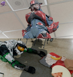 2_panel_comic armor banana bodysuit breasts camel_toe clothing duo faceless_character faceless_human faceless_male female food fruit full_armor grey_body hands_on_hips looking_down looking_up lying male non-mammal_breasts on_front on_ground orange_eyes pizza plant shadow skinsuit tight_clothing ellechugas3000 chocoscorner_(modeler) apu_spills_his_nuggies halo_(series) microsoft pathetic_(meme) xbox_game_studios alien human mammal sangheili spartan_(halo) 3d_(artwork) absurd_res colored comic digital_media_(artwork) hi_res meme