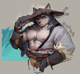 abs anthro clothing fur grey_body grey_fur hair male melee_weapon multicolored_body multicolored_fur muscular muscular_anthro muscular_male nipples one_eye_closed pecs samurai simple_background solo standing sword two_tone_body two_tone_fur warrior weapon yellow_eyes wuqianlong576 canid canine canis mammal wolf hi_res