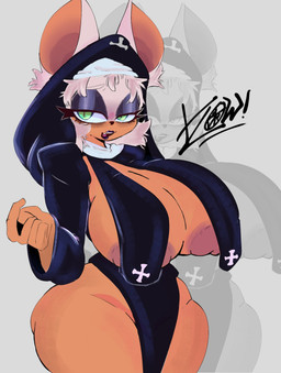 anthro areola areola_slip bedroom_eyes big_breasts breasts cleavage clothed clothing female looking_at_viewer narrowed_eyes nipple_dip nipples nun_outfit seductive solo thick_thighs wide_hips aslow8274 sega sonic_the_hedgehog_(series) rouge_the_bat rouge_the_nun bat mammal hi_res