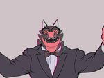 anthro black_body black_scales black_tie_(suit) black_tongue bow_tie chromatic_aberration clothing dress_coat dress_shirt eyewear glasses horn male open_mouth red_body red_scales scales shirt solo suit tongue topwear yellow_eyes chibsarts mythology chiderg dragon mythological_creature mythological_scalie scalie