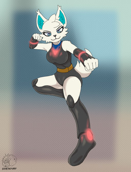 anthro black_clothing black_nose blue_body blue_eyes blue_fur clothing female fighting_pose fur metal pose solo white_body white_fur allartskye arctic_fox canid canine fox mammal true_fox hi_res