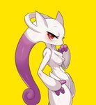 3_fingers anthro breasts featureless_breasts female fingerless_(marking) fingers hand_on_hip looking_at_viewer nude pose purple_body purple_fingers red_eyes simple_background solo yellow_background drunk_oak nintendo pokemon generation_6_pokemon legendary_pokemon mega_evolution mega_mewtwo mega_mewtwo_y pokemon_(species) 2021 hi_res