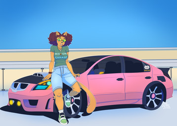 anthro bracelet car clothed clothing eyebrow_piercing eyewear facial_piercing female fully_clothed jewelry mole_under_eye necklace nose_piercing piercing simple_background solo sunglasses vehicle gulasauce_(artist) katrina_del_mar domestic_cat felid feline felis majarean mammal absurd_res hi_res