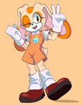 anthro bottomwear clothing emblem female footwear gesture hand_gesture loose_socks one_eye_closed overalls shoes shortalls shorts socks solo v_sign wink young young_female rokkerth sega sonic_the_hedgehog_(series) cream_the_rabbit lagomorph leporid mammal rabbit absurd_res hi_res