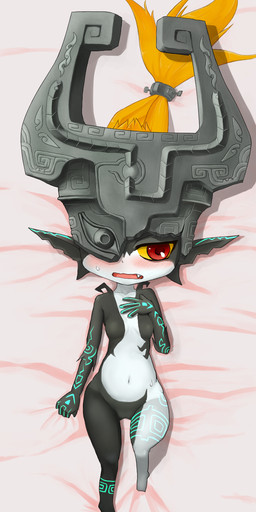 black_body black_skin blush breasts featureless_breasts featureless_crotch female flustered fused_shadow hair headgear long_ears long_hair looking_at_viewer lying markings not_furry nude on_back open_mouth red_eyes shortstack small_breasts solo teeth white_body white_skin yellow_sclera yksskakidame nintendo the_legend_of_zelda twilight_princess midna humanoid imp twili hi_res