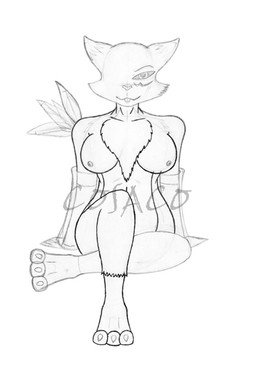anthro black_sclera female fur looking_at_viewer neck_tuft simple_background solo tuft white_background cosaco bandai_namco digimon canid canine cyclops digimon_(species) mammal renamon monochrome unfinished watermark