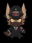 armband black_clothing black_suit brown_body brown_fur clothing ear_piercing fur hat headgear headwear male military_uniform necktie piercing plushie red_armband red_eyes red_necktie simple_background smile solo suit transparent_background uniform roxuien lapfox_trax jackal_queenston canid canine canis domestic_dog german_shepherd herding_dog hybrid jackal mammal pastoral_dog alpha_channel hi_res