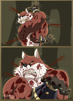 anthro armor big_muscles blood bodily_fluids bone_breaking bracers cave eyes_closed fur huge_muscles male muscular one_eye_closed red_body red_fur solo text torture white_body white_fur wounded xxsparcoxx teofacio_larna canid canine fox mammal red_fox true_fox 2020 comic digital_media_(artwork) hi_res