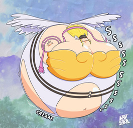 air_inflation belly belly_expansion belt big_belly big_breasts blonde_hair blush bodily_fluids body_inflation breast_expansion breasts brown_belt brown_helmet clothing creaking expansion female floating hair huge_belly huge_breasts hyper hyper_belly hyper_breasts hyper_inflation immobile inflation logo motion_lines navel not_furry onomatopoeia outside plant puffed_cheeks round_body solo sound_effects spherical_inflation sweat sweatdrop swelling tan_body tan_skin text three-quarter_view tree white_clothing white_wings wings navsaka bandai_namco digimon angewomon digimon_(species) humanoid 2025 artist_logo cel_shading colored digital_media_(artwork) hi_res shaded