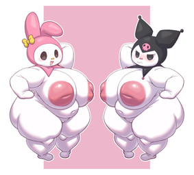 anthro areola big_breasts big_butt biped black_clothing blush breasts butt clothing duo female genitals hand_on_hip headgear headwear huge_breasts huge_butt huge_thighs inverted_nipples nipples open_mouth overweight overweight_female pink_clothing smile thick_thighs vulva white_body pururing onegai_my_melody sanrio kuromi my_melody demon lagomorph leporid mammal rabbit hi_res