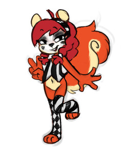 accessory anthro bottomless clothed clothing female fur gesture hair hair_accessory hairband hand_gesture leggings legwear makeup mime open_mouth red_body red_fur red_hair simple_background smile solo tongue topwear v_sign vest white_background young soulcentinel squitoo penny_anaquarter mammal rodent sciurid tree_squirrel 2025 hi_res