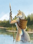 5_fingers anthro basket black_nose breasts butt container female fingers forest fur humanoid_hands melee_weapon multicolored_body multicolored_fur nature nude nude_anthro nude_female outdoor_nudity outside partially_submerged plant polearm solo spear standing_in_water tail tan_body tan_fur tree two_tone_body two_tone_fur water weapon white_body white_fur solokhoniir canid canine culpeo_fox fox mammal south_american_fox hi_res