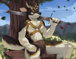 anthro antlers biped black_body black_fur fur harness horn male melee_weapon muscular muscular_anthro muscular_male solo sword weapon white_body white_fur yellow_eyes ankorthewolf deer mammal 2024 hi_res