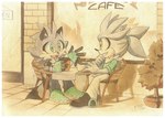 anthro blue_eyes cafe chair clothing duo footwear furniture gloves handwear male plant shoes table tree yellow_eyes finikart sega sonic_the_hedgehog_(series) silver_the_hedgehog stripes_the_raccoon_(finikart) eulipotyphlan hedgehog mammal procyonid raccoon signature