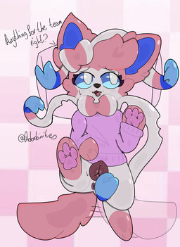 animal_genitalia animal_vulva anus bite bite_mark blue_eyes bodily_fluids bow_ribbon butt canine_genitalia canine_vulva clothing ears_up embarrassed feet female feral foot_focus fur genitals looking_away multicolored_body multicolored_fur pawpads paws pillow pink_body pink_fur presenting presenting_anus presenting_vulva ribbons ribbons_(anatomy) solo sweat sweatdrop sweater sweaty_legs sweaty_thighs tail tail_motion tailwag text topwear two_tone_body two_tone_fur vulva white_body white_fur adorbinite nintendo pokemon emma_(budzisfun) eeveelution generation_6_pokemon pokemon_(species) sylveon 2026 absurd_res artist_name hi_res signature