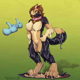 4_toes after_transformation big_feet biped black_body black_claws black_nose breasts brown_body cheek_tuft claws collar collar_only digitigrade disembodied_hand dripping facial_tuft featureless_breasts featureless_crotch feet female fur_hair gesture ghost_hand glistening gloves_(marking) goo_drip goo_puddle gradient_background green_background green_eyes hand_gesture hands_on_hips inner_ear_fluff latex leg_markings liquid_latex mane markings multicolored_body neck_tuft nude paws pose sharp_teeth simple_background smile snout socks_(marking) standing tail tan_body teeth text thumbs_up toe_claws toes toothy_smile tuft whisker_spots recurrent canid canine canis domestic_dog german_shepherd goo_creature herding_dog mammal pastoral_dog unknown_species 2025 artist_name hi_res shaded url