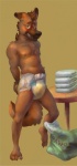 anthro blush bodily_fluids clean_diaper clothed clothing diaper diaper_package folded_diaper fur furniture genital_fluids male nipples simple_background smile solo table unclean_diaper urine used_diaper wearing_diaper wet_diaper wetting zuago canid canine canis domestic_dog mammal