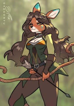 5_fingers anthro arrow_(weapon) biped black_hair bottomwear bow_(weapon) breasts brown_body brown_eyes brown_fur clothed clothed_anthro clothed_female clothing female fingers front_view fully_clothed fully_clothed_anthro fully_clothed_female fur hair holding_arrow holding_bow_(weapon) holding_object holding_ranged_weapon holding_weapon looking_at_viewer ranged_weapon smile solo topwear weapon dragonfu deer mammal 2025 digital_drawing_(artwork) digital_media_(artwork) hi_res
