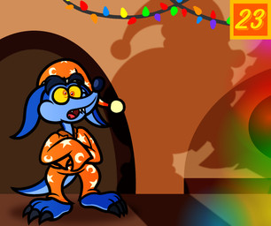 3_toes anthro arms_bent barefoot baubles black_claws blue_body blue_eyebrows blue_fur blue_tail bottomwear brown_wall christmas_decorations christmas_lights claws clothed clothed_anthro clothed_male clothing derp_eyes doorway duo eyebrows feet fully_clothed fully_clothed_anthro fully_clothed_male fur hat headgear headwear holidays inside long_ears male multicolored_body multicolored_fur nightcap number offscreen_character orange_bottomwear orange_clothing orange_hat orange_headwear orange_nightcap orange_pajamas orange_pants orange_shirt orange_topwear pants red_eyes red_tongue shadow sharp_teeth shirt silhouette sleeves_past_fingers solo_focus standing tail teeth text_box thick_eyebrows toe_claws toes tongue topwear two_tone_body two_tone_fur two_tone_tail wall_(structure) yellow_sclera captainquack64 activision christmas crash_bandicoot_(series) ripper_roo santa_claus kangaroo macropod mammal marsupial 2023 colored digital_drawing_(artwork) digital_media_(artwork) english_description hi_res shaded
