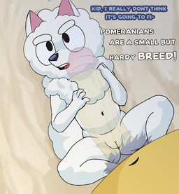adult_on_young age_difference anthro bed bedroom big_penis black_eyes black_nose butt duo exclamation_point female fur furniture genitals hand_on_penis high-angle_view humanoid_genitalia humanoid_penis inside it'll_never_fit lying male male/female navel neck_tuft nude on_back on_bed penis penis_on_belly penis_on_body penis_on_chest penis_on_face penis_on_vulva pubes size_difference tail teeth text three-quarter_view tongue tuft vein veiny_penis vulva white_body white_ears white_fur white_tail white_tuft yellow_body yellow_fur young young_anthro young_female fembo bluey_(series) bandit_heeler pom_pom_(bluey) australian_cattle_dog canid canine canis cattledog domestic_dog herding_dog mammal pastoral_dog pomeranian spitz 2025 digital_media_(artwork) english_text hi_res