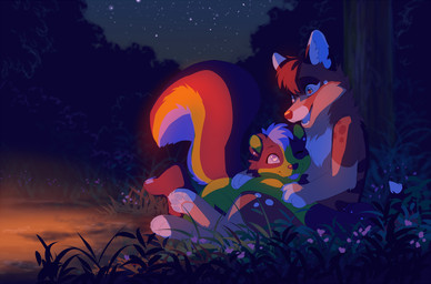 anthro black_nose blue_eyes duo grass night outside plant sitting sky smile star starry_sky akitamonster badger canid canine canis domestic_dog mammal mustelid musteline invalid_tag