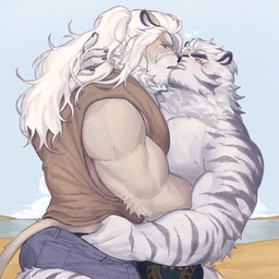 anthro barazoku beach black_clothing black_swimming_trunks black_swimwear blue_bottomwear blue_clothing blue_pants blue_sky bottomwear brown_clothing brown_shirt brown_tank_top brown_topwear claws clothed clothing cloud deltoids denim denim_bottomwear denim_clothing duo eye_scar eyes_closed facial_scar finger_claws fur hair hand_behind_head hand_in_pants hug kissing long_hair male male/male muscular muscular_anthro muscular_arms muscular_male outside pants ponytail sand scar shirt sky striped_body striped_fur stripes swimming_trunks swimwear tail tan_body tan_fur tank_top topless topwear triceps water white_body white_fur white_hair expired_butter dislyte lilith_games javid_(dislyte) jin_qiu_(dislyte) felid lion mammal pantherine tiger 1:1 2025 hi_res