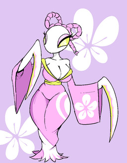 anthro asian_clothing big_breasts breasts clothing east_asian_clothing female flower japanese_clothing kimono plant solo white_body yellow_eyes twistednature deltarune undertale_(series) mantis_(deltarune) arthropod flower_mantis insect mantis orchid_mantis