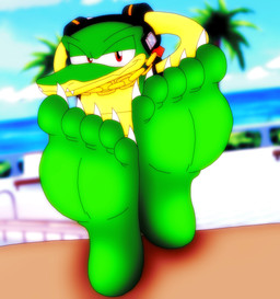 5_toes anthro barefoot big_feet blurred_background chain claws clothing crossed_feet day electronics fangs feet foot_fetish foot_focus gold_(metal) gold_chain green_body half-closed_eyes hands_behind_head handwear headgear headphones headwear looking_at_viewer male narrowed_eyes neckwear outside plantigrade resort smile solo teasing teeth toe_claws toes ryoosakuling sega sonic_the_hedgehog_(series) vector_the_crocodile crocodile crocodilian reptile scalie 2021 absurd_res digital_drawing_(artwork) digital_media_(artwork) hi_res
