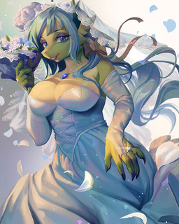 anthro big_breasts blue_eyes breasts claws clothing digit_ring dress female finger_claws green_body green_scales horn jewelry looking_at_viewer necklace ring scales simple_background solo wedding_dress wedding_ring savrasova mythology dragon mythological_creature mythological_scalie scalie 4:5