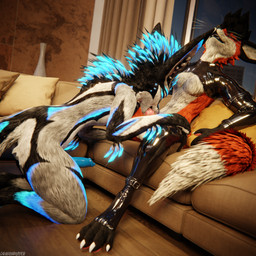 animal_genitalia animal_penis anthro anthro_on_anthro armwear balls biped black_body black_clothing black_fur blue_body blue_fur blue_penis bodily_fluids canine_genitalia canine_penis claws clothed clothing cum cum_dripping_from_penis cum_in_mouth cum_inside cum_on_penis depth_of_field dominant duo erection feet fellatio flat_balls fur furniture genital_fluids genitals grey_body grey_fur hair hindpaw inside kneeling kneeling_on_ground kneeling_oral_position kneeling_position knot latex latex_armwear latex_clothing latex_legwear latex_thigh_highs legwear living_room male male/male multicolored_body nude on_sofa open_mouth oral oral_penetration orange_body orange_fur orgasm paws penetration penile penis reflection sex sitting sitting_on_sofa slim slim_anthro slim_male slim_sub smile sofa submissive submissive_male tail thigh_highs white_body white_fur dragonplayer dragonplayer_(character) octo_(octothekitsune) canid canine canis fox hybrid jex mammal rexouium 1:1 3d_(artwork) absurd_res blender_(artwork) blender_cycles_(artwork) digital_media_(artwork) hi_res