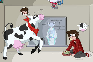 belt black_eyes blue_eyes body_swap bottomwear brown_eyes brown_hair clothing confusion dialogue dress eating eating_food eyelashes female feral footwear grey_bottomwear grey_clothing grey_pants hair heart_belt horn male mouth_closed open_mouth pants raising_leg red_clothing red_footwear red_scarf red_shirt red_shoes red_topwear scarf shirt shoes silly silly_face sitting sitting_on_ground stress tail tail_tuft teats topwear tuft udders unexpected dez-a-sketch dezzy_draws alien alien_humanoid bovid bovine cattle human humanoid mammal absurd_res hi_res