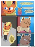 3:4 absurd_res anthro blue_eyes bodily_fluids brown_body brown_eyes brown_fur canid canine clothed clothing comic dialogue digital_drawing_(artwork) digital_media_(artwork) eevee eeveelution elizabeth_venizee english_text female flamberry_(artist) flareon franklin_flare fur generation_1_pokemon hair hi_res looking_at_viewer male mammal nintendo number open_mouth orange_body orange_fur pokemon pokemon_(species) simple_background speech_bubble sweat tail tan_body tan_fur text