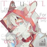 barcode blue_eyes clothing collar fur hoodie looking_at_viewer male red_body red_collar red_fur solo text topwear white_body white_clothing white_fur white_hoodie white_topwear viosgit canid canine canis mammal wolf 1:1 2023 cover digital_media_(artwork) digital_painting_(artwork) english_text hi_res magazine_cover painting_(artwork)