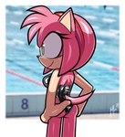 2024 absurd_res accessory amy_rose anthro black_clothing black_swimwear blurred_background border butt clothing eulipotyphlan female fur green_eyes hands_on_hips headband hedgehog hi_res lettuce_(artist) mammal one-piece_swimsuit pink_body pink_fur pool portrait sega signature smile solo sonic_the_hedgehog_(series) swimwear tail three-quarter_portrait three-quarter_view white_border