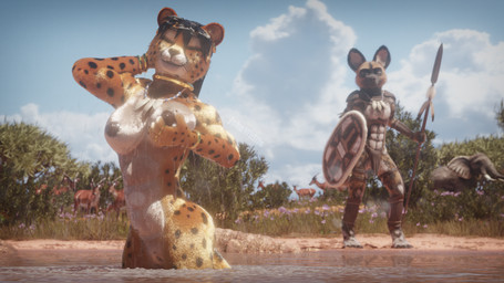 abs anthro areola armor athletic athletic_anthro athletic_female athletic_male bathing big_breasts black_hair bottomwear breast_grab breasts brown_body brown_fur brown_nipples clothed clothed/nude clothed_anthro clothed_male clothing countershading duo facial_markings feathers female fur genitals gold_(metal) gold_jewelry grabbing_own_breast hair hand_behind_head hand_on_breast head_markings jewelry leather leather_armor light loincloth male male/female markings melee_weapon muscular muscular_anthro muscular_female necklace nipples nude nude_anthro nude_female outside polearm ring savanna shield shoulder_pads spear spots spotted_body spotted_fur standing sunlight topless topless_anthro topless_male tribal tribal_jewelry vulva water weapon wet wet_body wet_fur wet_hair whiskers yellow_body yellow_fur johnwulffe chenira_(johnwulffe) dakari_(johnwulffe) african_wild_dog canid canine canis cheetah felid feline felis mammal 16:9 3d_(artwork) digital_media_(artwork) hi_res widescreen