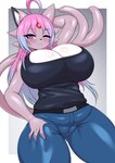 2024 :3 absurd_res anthro big_breasts blue_hair blush blush_lines bottomwear breasts camel_toe cat_smile cleavage clothed clothing eeveelution espeon female forked_tail fur generation_2_pokemon hair hand_behind_head hand_on_leg hand_on_thigh hi_res huge_breasts looking_at_viewer multicolored_hair nintendo one_eye_closed pants pink_hair pokemon pokemon_(species) purple_body purple_eyes purple_fur shirt sigma_(epsilonthefox) smile solo tail tailzkim topwear unusual_anatomy unusual_tail wink winking_at_viewer