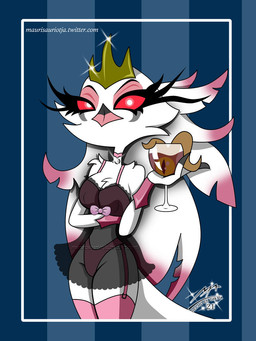 anthro babydoll beverage blank_expression bow_(feature) bow_ribbon bra breasts clothing crown feathers female grey_body grey_feathers headgear legwear nightgown panties pink_body pink_feathers solo stockings tiara underwear maurisauriotja hellaverse helluva_boss stella_(helluva_boss) avian bird demon galliform peafowl peafowl_demon phasianid 3:4