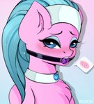 accessory ball_gag blue_eyes blue_eyeshadow blue_hair blush chest_tuft collar eyebrows eyelashes eyeshadow female feral gag gagged hair hair_accessory inner_ear_fluff looking_at_viewer makeup open_mouth pink_body simple_background solo suggestive tuft munrei friendship_is_magic hasbro my_little_pony aloe_(mlp) earth_pony equid equine horse mammal pony 2022 bust_portrait digital_media_(artwork) portrait