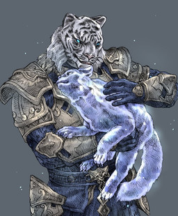anthro armor blue_eyes clothed clothing duo feral fur male nails tail white_body white_fur tomato_(artist) bethesda_game_studios microsoft the_elder_scrolls the_elder_scrolls_online zerith-var domestic_cat felid feline felis ghost khajiit mammal pantherine spirit tiger undead