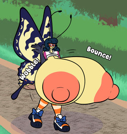 antennae_(anatomy) anthro areola arthropod_abdomen big_areola big_breasts black_hair blue_eyes bouncing_breasts breasts clothing exposed_breasts eyewear female footwear gesture glasses hair huge_areola huge_breasts hyper hyper_breasts insect_wings legwear lepidopteran_wings motion_lines nipples outside pattern_clothing pattern_legwear pink_nipples puffy_nipples shirt shoes solo sound_effects stockings striped_clothing striped_legwear stripes topwear walking waving wings yellow_body sprucy arthropod butterfly insect lepidopteran hi_res
