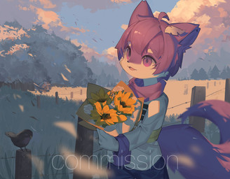 ambiguous_gender anthro bouquet clothed clothing countershading fence flower fully_clothed fur holding_bouquet holding_flower holding_object kemono open_mouth outside plant purple_body purple_eyes purple_fur solo wind young young_anthro emolga_1 mammal 2022 hi_res watermark